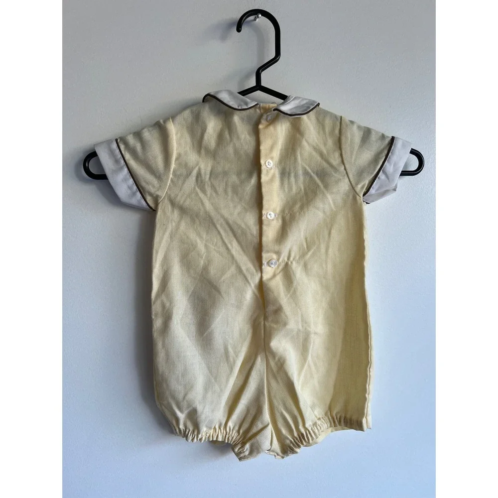 Vintage Yellow Seersucker Baby Romper Animal Embroidery Peter‎ Pan Collar 1/2